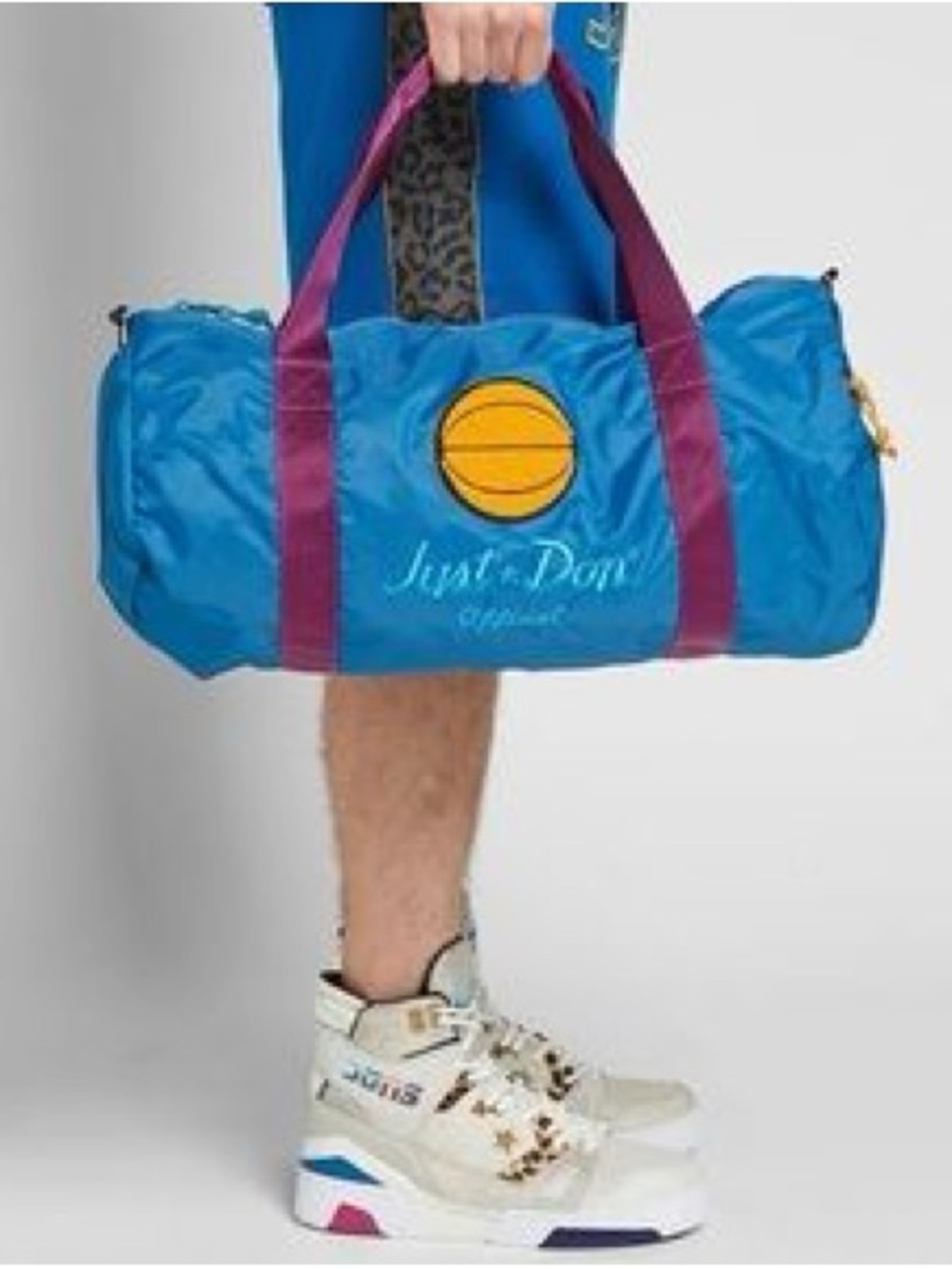 Just Don Blue Duffel with Purple Handles and Yellow Basketball Patch - converse